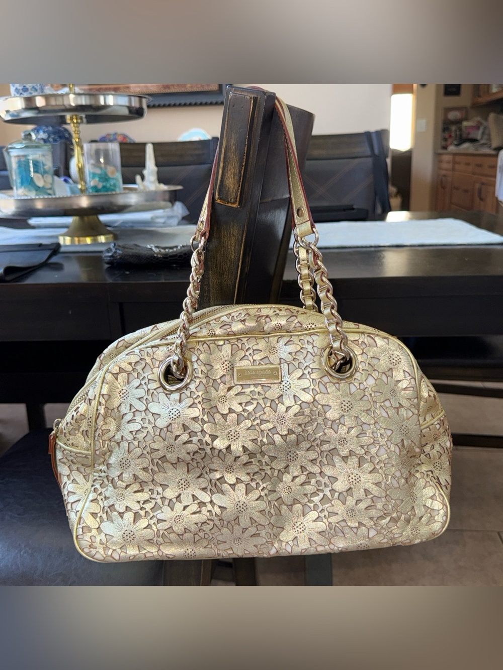Kate Spade Gold Floral Embossed Leather Shoulder Bag
